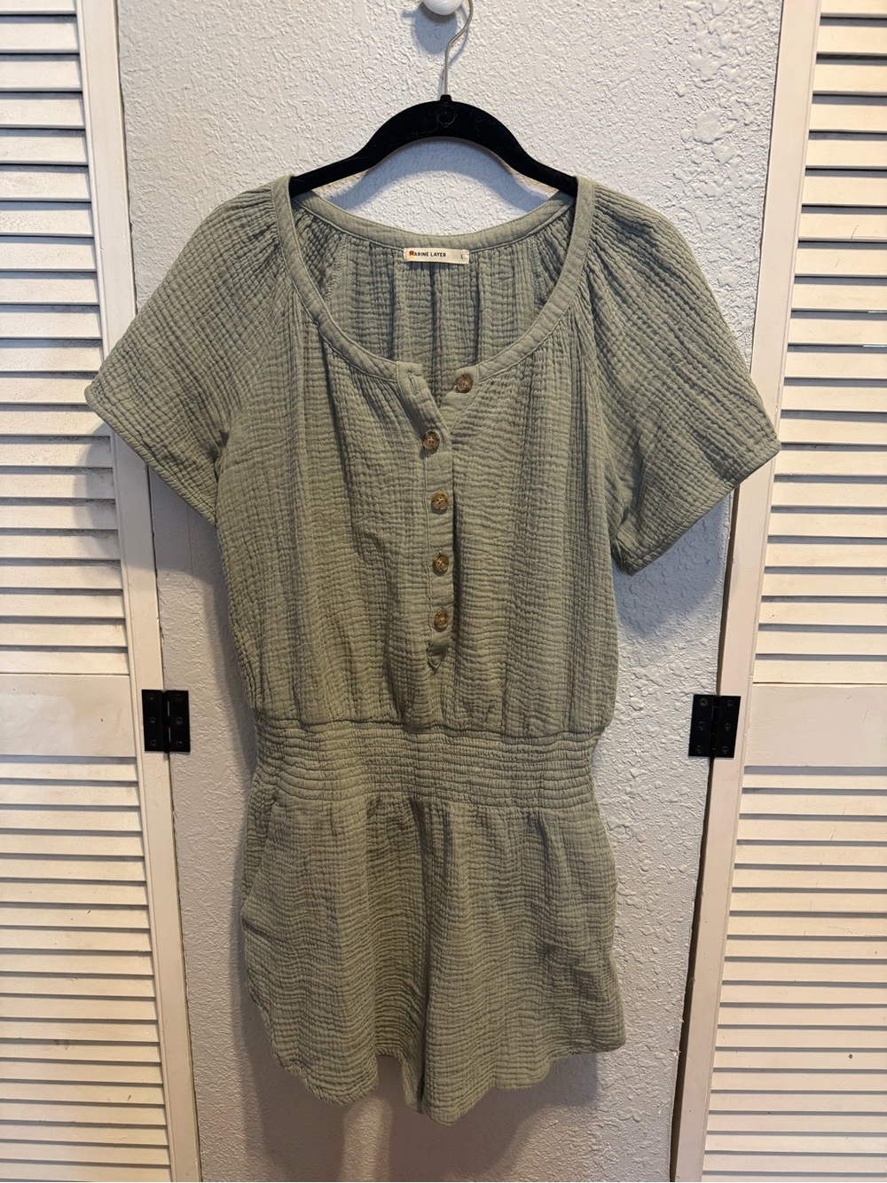 Marine Layer Sage Green Short Sleeve Button Romper